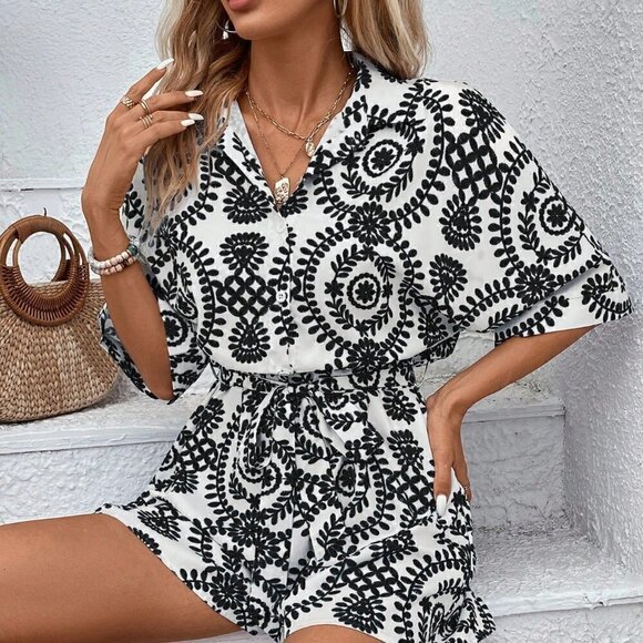 . Pants - Black Boho Ladies' Printed Leisure Vacation Batwing Sleeve Belted Romper